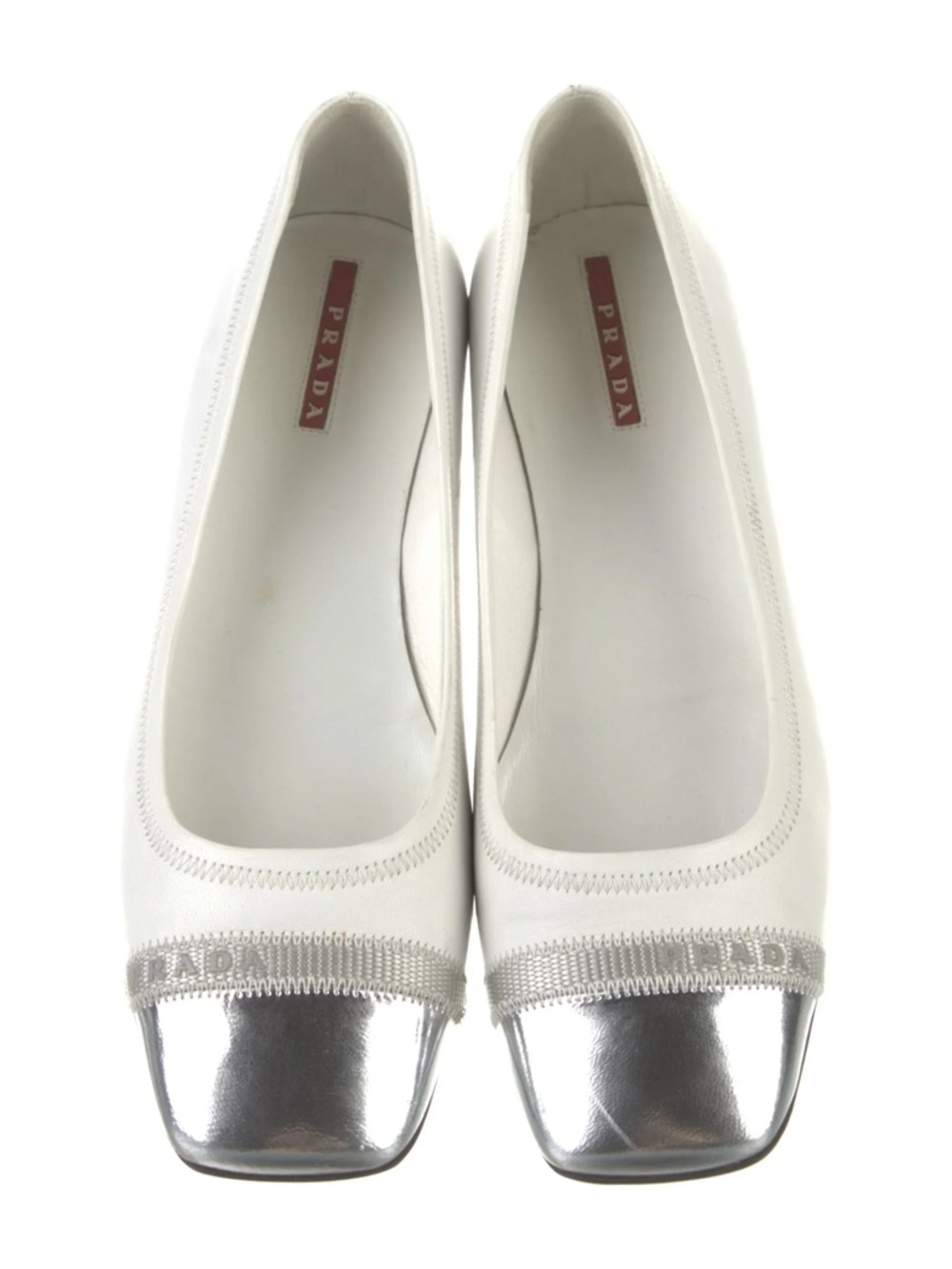 Prada White Leather Flats with Silver Cap Toe